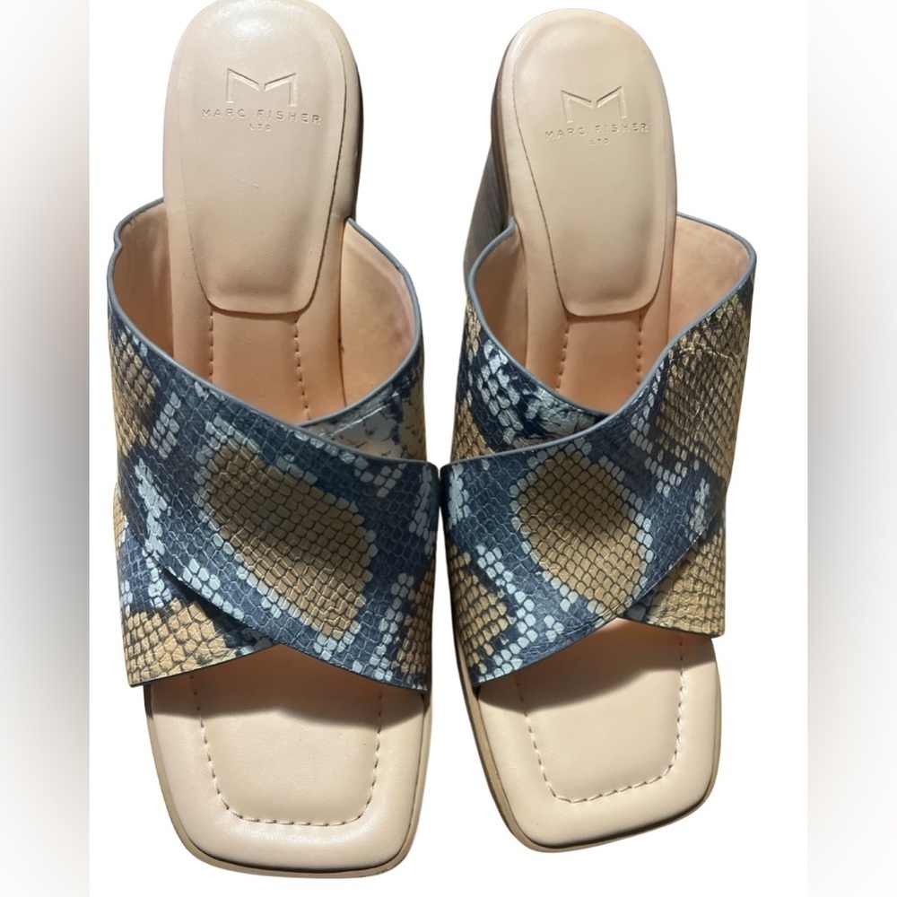Marc Fisher LTD Barli Heeled Sandals Snakeskin Print Square Toe Mules
